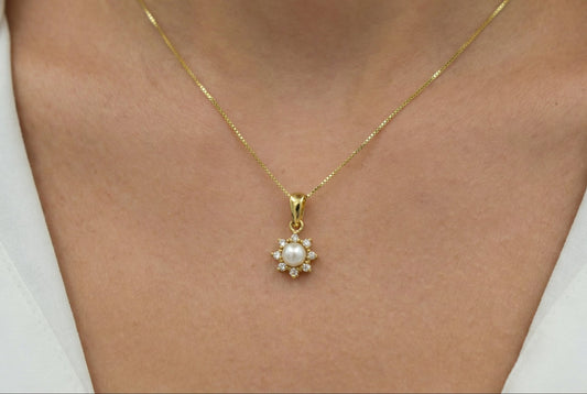 Κολιέ Λουλούδι με Μαργαριτάρι & Λευκά Zircon K14