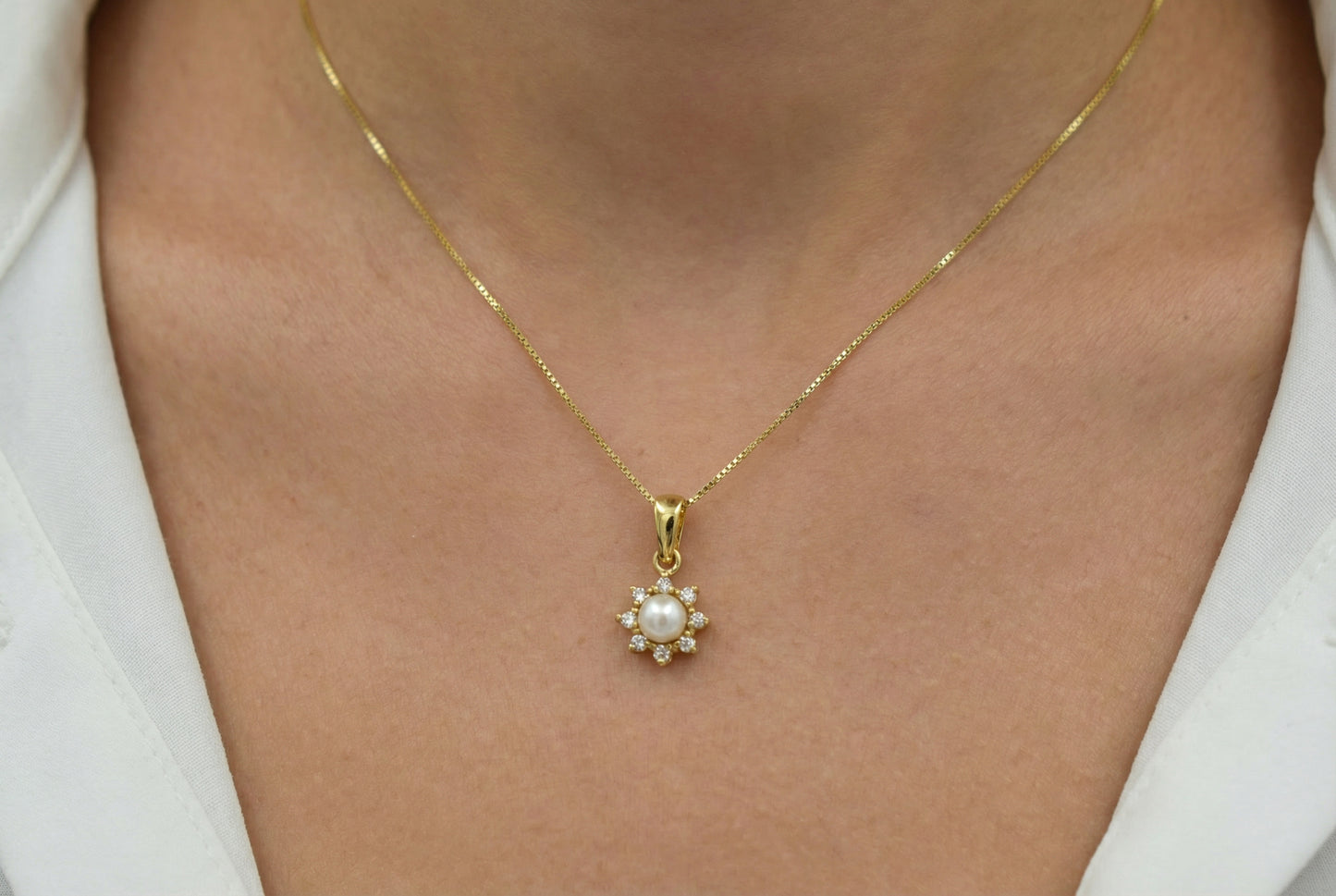 Κολιέ Λουλούδι με Μαργαριτάρι & Λευκά Zircon K14