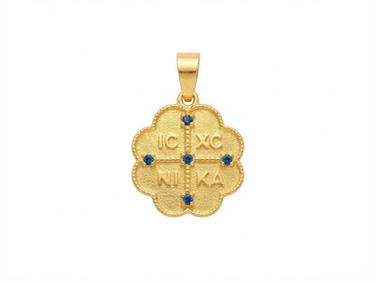 Χρυσό Φυλαχτό Λουλούδι IC XC NIKA με Μπλε Πέτρες