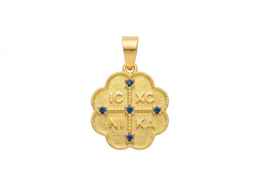 Χρυσό Φυλαχτό Λουλούδι IC XC NIKA με Μπλε Πέτρες