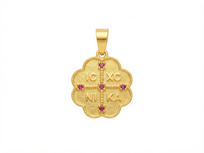 Χρυσό Φυλαχτό Λουλούδι IC XC NIKA με Ροζ Πέτρες