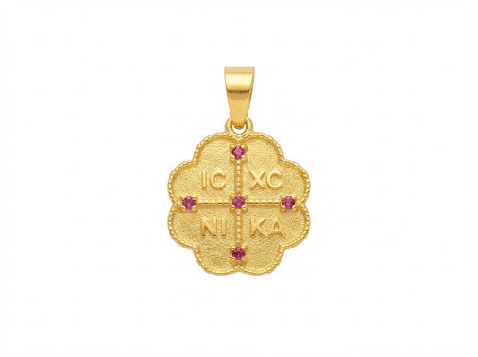Χρυσό Φυλαχτό Λουλούδι IC XC NIKA με Ροζ Πέτρες
