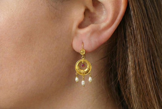 Σκουλαρίκια Boho με Ρουμπίνι & Μαργαριτάρια Κ14