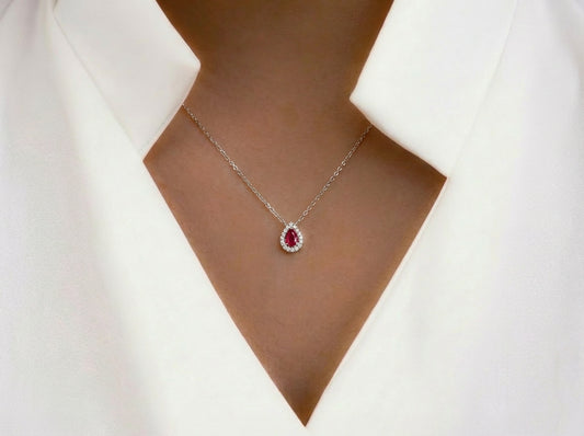 Κολιέ Ροζέτα Λευκόχρυσο με Κόκκινο & Λευκά zircon Κ14